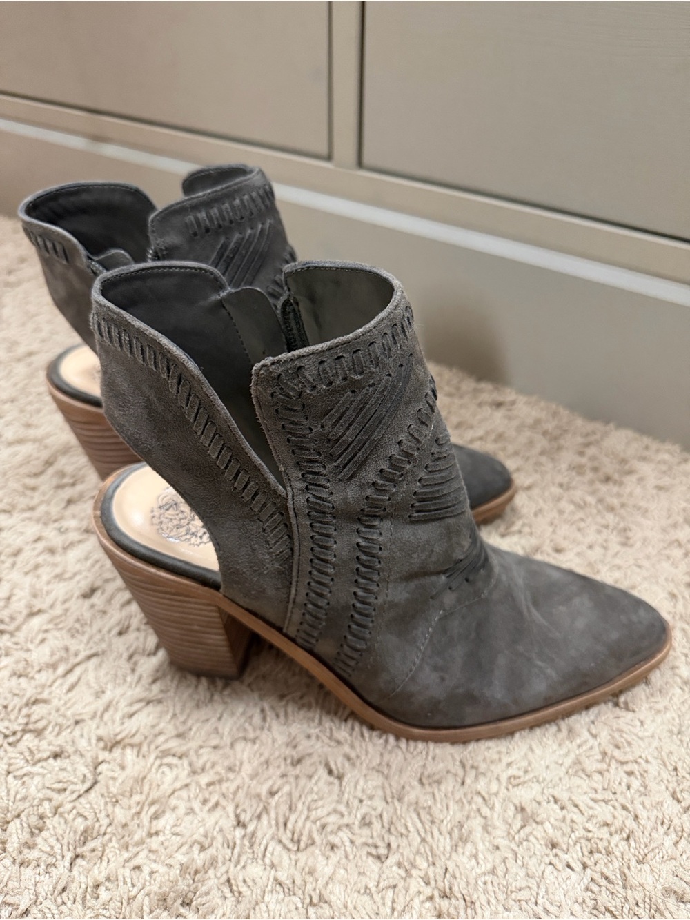 Vince Camuto Suede Cutout Gray Stacked-Heel Booties